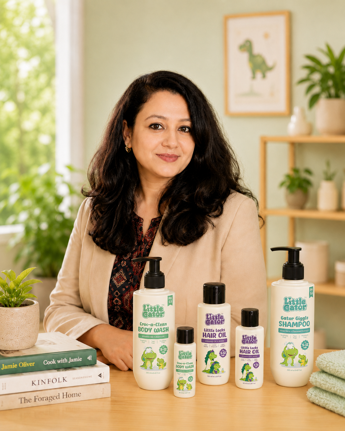 An Indian mother with Little Gator products at her work desk